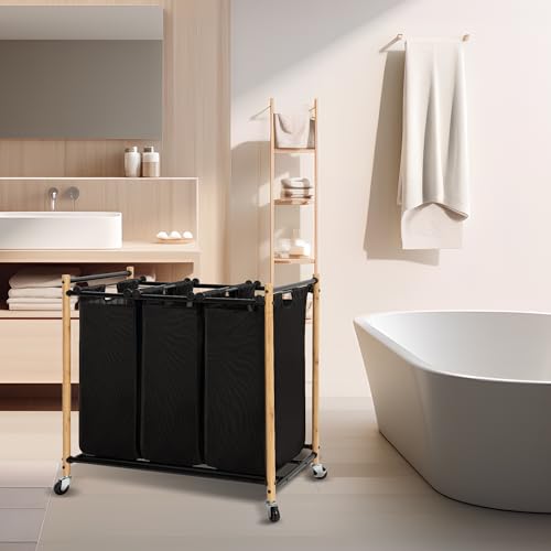 STORAGE MANIAC Laundry Sorter, Laundry Hamper with Wheels, Laundry Basket Sorter, Laundry Separator Hamper, Laundry Divider Hamper (Bamboo, 3 Section)