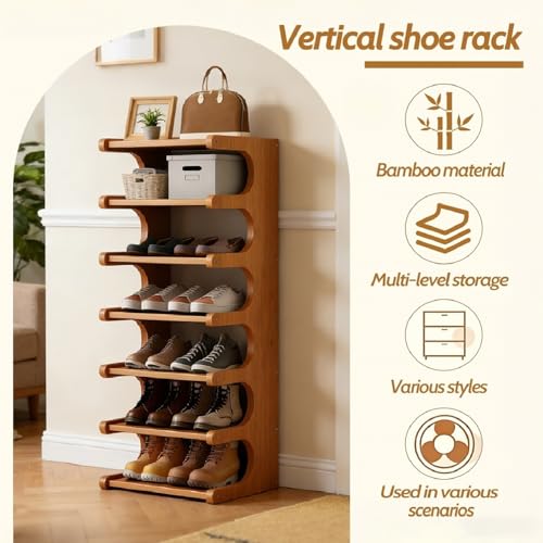 39" Bamboo Shoe Rack - Vertical Shoe Organizer Rack for Small Space, Narrow Shoe Tower for Closet, Entryway, Corner, Tall Shoe Shelf with Removable Shelves, Flexible Storage Shelf for Saving Space - color: Brown