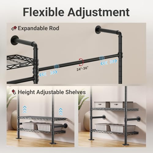 Timate L2 Wall Mounted Clothes Rack Industrial Pipe Clothing Rack for Hanging Clothes, Adjustable Expandable Garment Rack Heavy Duty Closet Organizer, Black Mounted Storage Industrial Closet System - color: Black