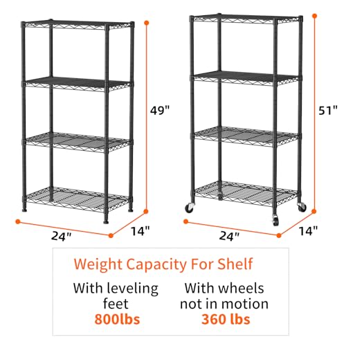 SINGAYE 4 Shelf Storage Wire Shelves Closet Bathroom Organizers Metal Pantry Kitchen Garage Shelving Unit Laundry Room Organization Home Narrow Rack Net Basket with Wheels Black - color: Black, size: 4Tier/14"D X 24"W X 49"H