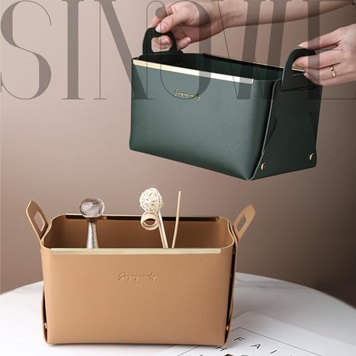 Decorative Faux Leather Basket,Small Catchall Basket for Entryway Bedside Dresser End table,Collapsible Rectangle Tray Organizer Box,Set of 2,Brown - color: Brown(2-Pack)