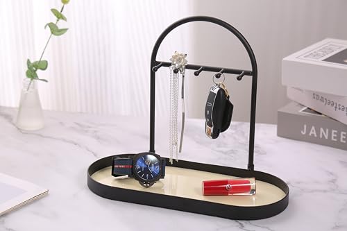 Shinpuru Metal Jewelry Organizer Stand & Key Holder Tray with Acrylic Base, Key Stand and Jewelry Tray with 5 Hooks, Perfect Key Bowl, Valet Tray, Ring Holder, Jewelry Dish (Matt Creamy) - color: Matt Creamy