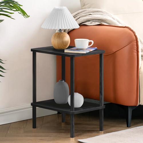Apicizon 2 Tier End Table, Small Side Table with Solid Wood Legs, Boho Bedside Table with Storage Shelf, Nightstand for Small Spaces, Bedroom, Living Room, Entryway, Farmhouse, Easy Assembly, Black - color: Black, size: 1 Set, style: 2 Tier