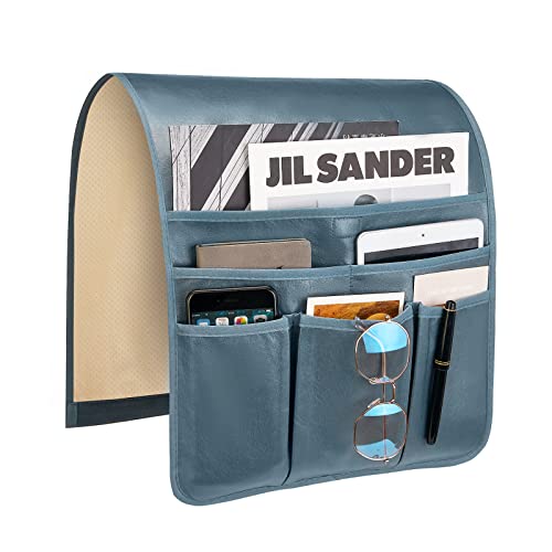 Teniux Remote Control Holder Faux Leather Armrest Organizer with 6 Pockets for recliner couch sofa, Armchair Caddy for Smart Phone, Book, Magazines, Ipad, Remotes (Moonlight Blue) - color: Moonlight Blue