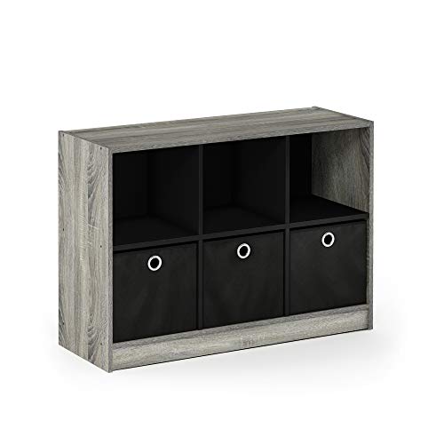 Furinno Basic 3x2 Cube Storage Bookcase Organizer with Bins, French Oak Grey/Black - color: French Oak Grey/Black, size: 6-Cube with Bin