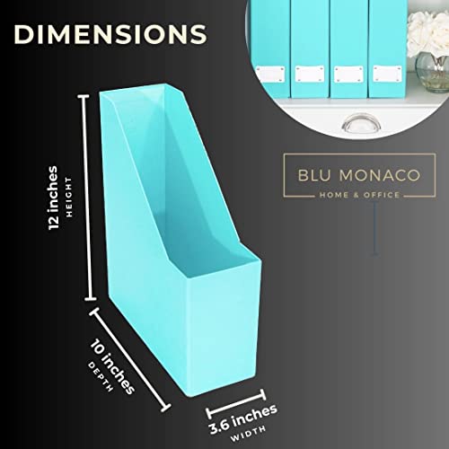 BLU MONACO Set of 6 Aqua Magazine File Holders | Foldable Magazine Storage Boxes with White Leather Label Holders | Vertical File Organizer for Desk, Shelves & Home Office - color: Aqua