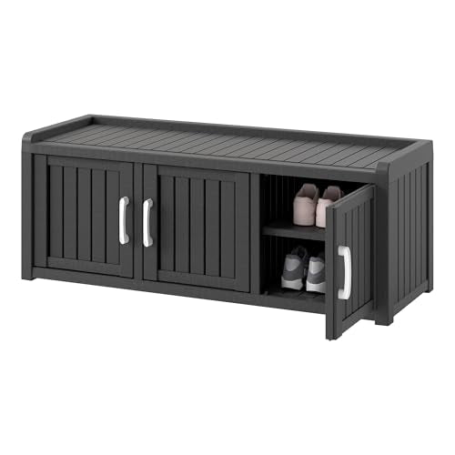 KAMABOKO Outdoor Shoe Storage Cabinet Waterproof UV-Resistant, Entryway Storage Bench Indoor Outdoor with 3 Barn Doors, Adjustable Shelves for Entryway, Bedroom, Hallway,Living Room(Black) - color: Black, size: 3 Door