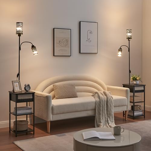 BAMGROW Floor Lamp with End Table, Side Table with Lamp Attached, Bedside Nightstand Light for Small Spaces with Wicker Drawer and Storage Shelf for Living Room, Bedroom, Guest Room, 2 Bulbs Included