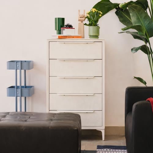 tinge Naima Premium Fabric Dresser - Strong Metal Frame, 5 Spacious Sag-Proof Drawers with Sleek Metal Handles - Premium & Durable Storage Solution for Your Home (Beige) - color: Creme Drop (Beige), size: 14"D x 23.5"W x 41.8"H (5 Drawers)