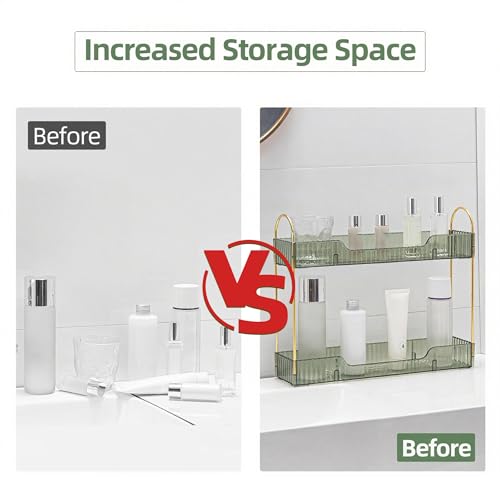 YCIA&DONE 2 Tiers Narrow Vanity Makeup Organizer, Bathroom Organizers Countertop Slim, Perfume Holder Skincare Storage Cosmetic Shelf Spice Rack, for Small Desktop Counter Space, Vintage Green - color: Vintage Green