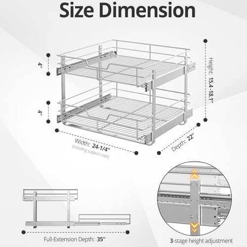 ZOINLIY Pull Out Cabinet Organizer, Versatile Slide Out Kitchen Organizers and Storage,Heavy Duty Drawer Cupboard Storage Basket, Smooth Sliding, Chrome Finish (2-Tiers-24¼''W×22“D) - size: 2-Tiers 24¼''W×22“D