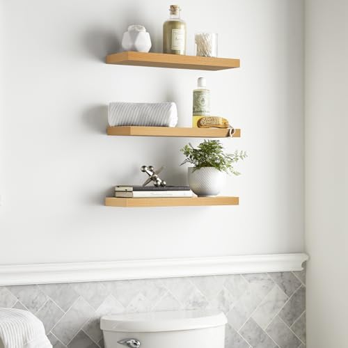 BAYKA Floating Shelves for Wall, Wall Mounted Rustic Wood Shelves for Bathroom, Bedroom, Living Room, Kitchen,Small Hanging Shelf for Books/Storage/Room Decor (Light Oak-Toned, Set of 3, 15.7in) - color: G. Oak-toned - Mid-century Revival Style, size: 15.