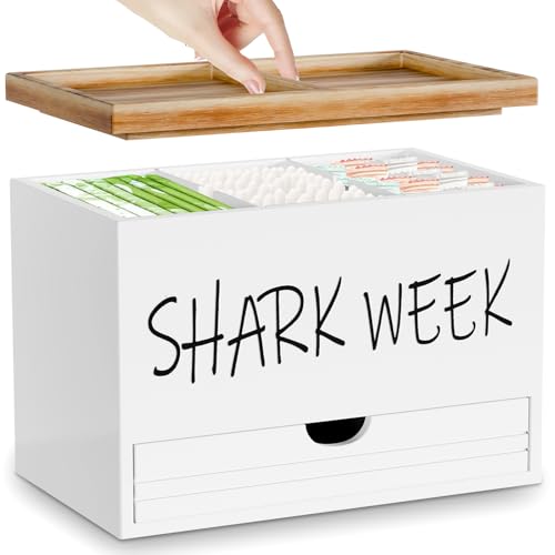 Tampon Holder for Bathroom, Feminine Product Organizer with Lid and Drawer, Wood Shark Week Tampon Storage, Lady Stuff Box for Bathroom Accessories and Toilet Organizer