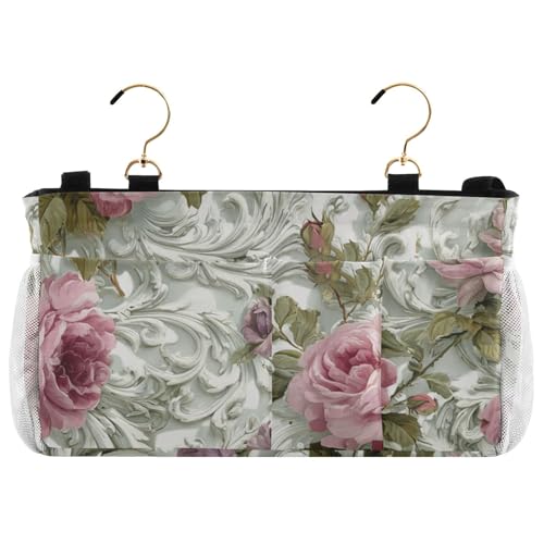Bedside Caddy Metal Frame Hanging Organizer Bunk Bed Dorm Accessories Hook And Loop Storage Bag Large Pockets Lavender Pink Rose Flowers - color: Lavender Pink Rose Flowers