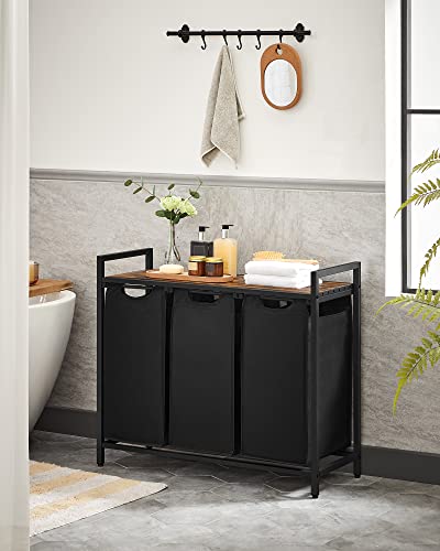 VASAGLE Laundry Hamper, Laundry Basket, Laundry Sorter with 3 Pull-Out and Removable Bags, Shelf, Metal Frame, 3 x 10.6 Gallons (40 L), 36.4 x 13 x 28.4 Inches, Ink Black and Rustic Brown UBLH301B01 - color: Black + Rustic Brown, size: 3 Bags - 120 L