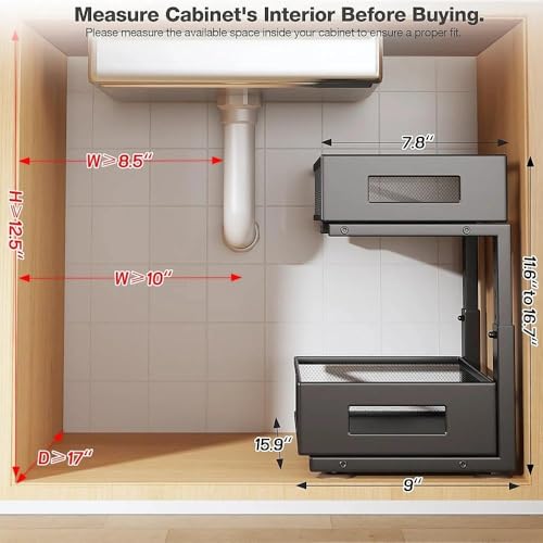 Under Sink Organizer, 2-Tier Dual Pull Out Cabinet Organizer Drawers With Smooth Circular Rail, Large Capacity Metal Mesh Sliding Shelves For Bathroom& Kitchen Storage,Height Adjustable–Black,1 Pack - color: Black, size: 1 Pack-15.9"Dx11.6"-16.7" H