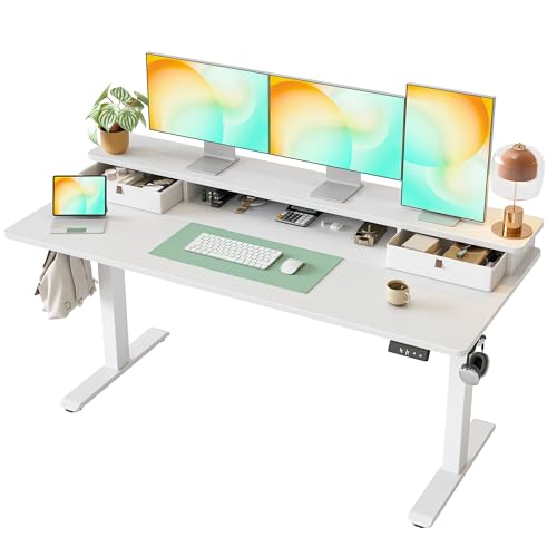 TIQLAB Standing Desk with Two Drawers, Stand Up Standing Desk Adjustable Height, Electric Sit Stand Table with Storage Shelf and Splice Board, 63 * 24 inch, White - color: White, size: 63*24 inch without keyboard tray