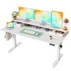TIQLAB Standing Desk with Two Drawers, Stand Up Standing Desk Adjustable Height, Electric Sit Stand Table with Storage Shelf and Splice Board, 63 * 24 inch, White - color: White, size: 63*24 inch without keyboard tray