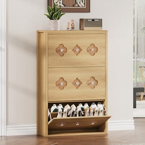 GarveeHome Shoe Storage Cabinet with 3 Flip Drawers, Narrow Wood Shoe Organizer Cabinet with Floral Pattern, Freestanding Slim Shoe Rack Cabinet with Adjustable Shelves, for Entryway, Hallway, Natural - color: Natural Wood Color, size: 3-Drawers
