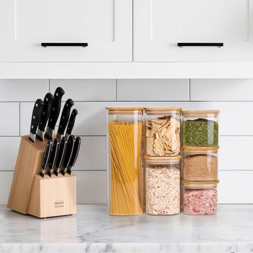 ComSaf Glass Spaghetti Pasta Storage Containers with Lids 2.2 Qt Set of 3, Tall Clear Airtight Food Storage Jar with Lid for Noodles Flour Oat Cereal Sugar Beans, Sqaure Spaghetti Pantry Containers - size: 2.2Qt*3