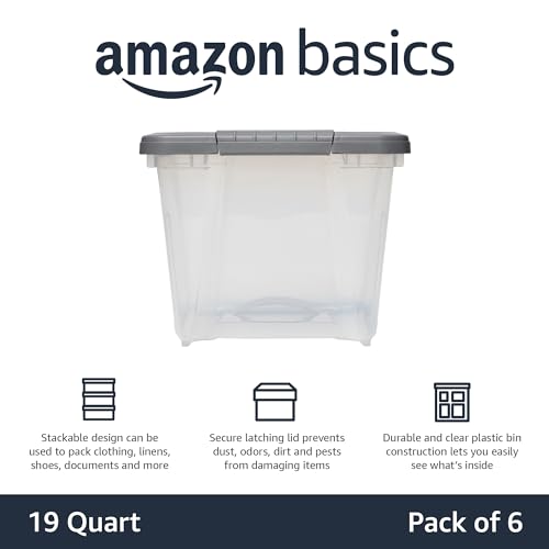 Amazon Basics Plastic Storage Containers with Secure Latching Lids, Stackable Organization Bins, Clear/Grey, 19 Quart, Set of 6 - size: 19 Qt. - 6 Pack