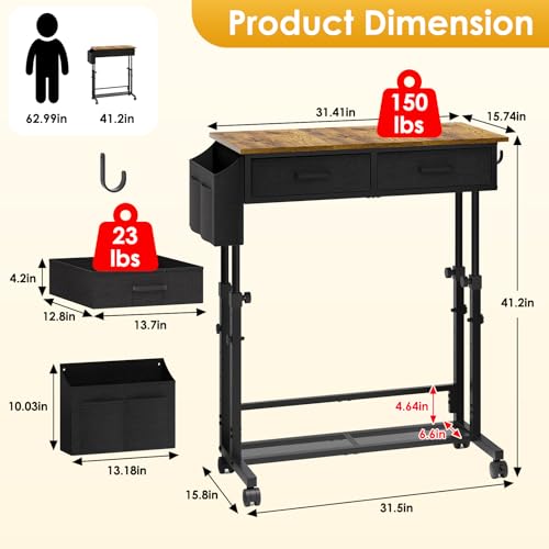 Small Rolling Standing Desk, Height Adjustable Mobile Sturdy Desk with 2 Fabric Drawers & Storage Shelf, Portable Sofa Side Laptop Table for Home Office, Small Spaces, 31.41" x 15.74", Rustic Brown