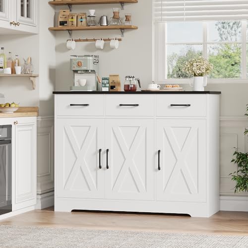 HOSTACK Modern Farmhouse Buffet Sideboard Cabinet, Barn Doors Storage Cabinet with Drawers and Shelves, Wood Coffee Bar with Storage for Dining Room, Kitchen, Living Room, White/Black - color: White/Black