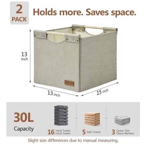 KAKAMAY Collapsible Cube Storage Bins 15x13x13 Inches Khaki 2-Pack, Foldable Storage Organizer Wooden Handles Fabric Baskets for Living Room Shelves, Bedroom Nursery Closet Toys, Clothes, Laundry - color: Khaki