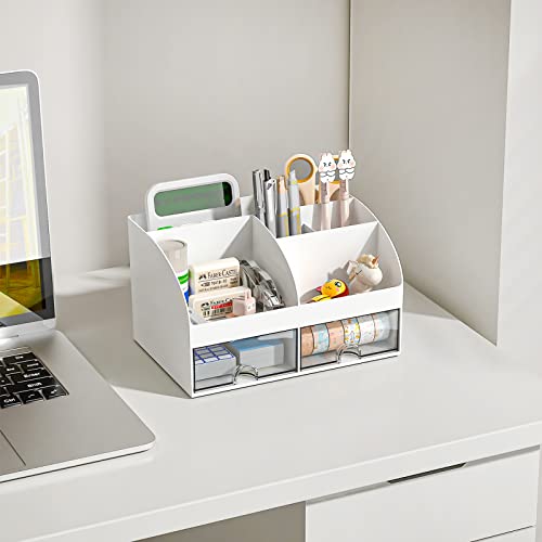 COMFYROOM Desk Organizer with 6 Compartments and 2 Drawers, Plastic Makeup Organizer, Pen Holder for Desktop Storage, Desk Organization for School, Home, Office Supplies (White-2Pack) - color: White-2Pack