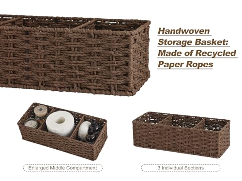 StorageWorks 3-Section Wicker Baskets for Shelves, Hand-Woven Round Paper Rope Storage Baskets, Walnut, 2-Pack - color: Walnut, size: 14¼"L x 6"W x 4¼"H