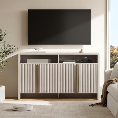 ModernMate 59" Sideboard Buffet Cabinet with Storage, Modern Fluted 4-Door Credenza Accent Cabinet with Open Storage Shelf, Curved Coffee Bar Table, Large Storage Cabinet for Living Room, Entryway