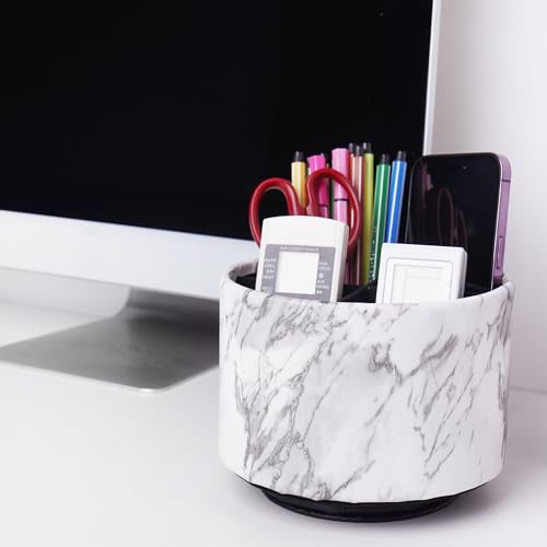 Round Leather Art Supply Organizer,Remote Control Holder,360-degree Rotating Pen Organizer with 4 Compartments(1-Marble White Silver) - color: 1-Marble White Silver