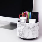 Round Leather Art Supply Organizer,Remote Control Holder,360-degree Rotating Pen Organizer with 4 Compartments(1-Marble White Silver) - color: 1-Marble White Silver