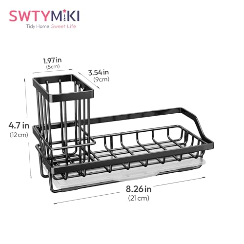SWTYMIKI Sink Caddy Sponge Holder - Kitchen Sink Organizer with High Brush Holder for Countertop to Hold Dish Soaps and Sponges, Stainless Steel, Black - color: Black, size: Medium