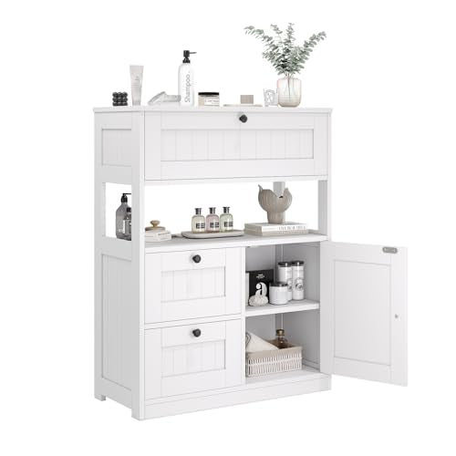 GRUSIGN Bathroom Cabinet, Modern Bathroom Floor Storage Cabinet Organizer with 1 Door and 3 Drawers, Freestanding Cupboard for Kitchen/Living Room Use - color: White1
