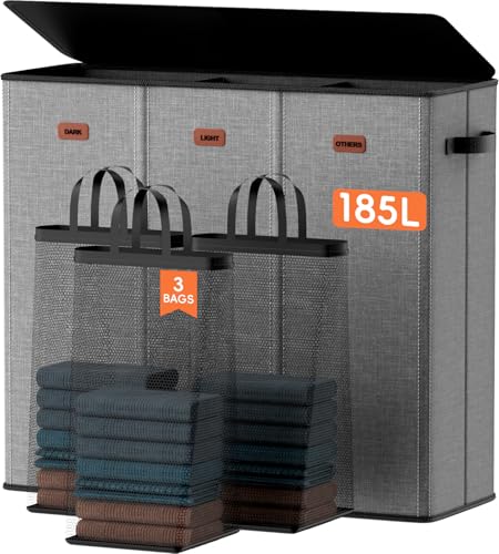 185L Laundry Hamper 3 Section, Laundry Hamper with Lid, Dirty Clothes Hamper with 3 Removable Washing Bags, Extra Large Laundry Basket Organizer for Bedroom, Laundry Room, Dorm - Gray - color: Grey, size: 185L - 3 Section