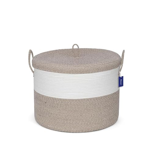 21" x 18" Extra Large storage baskets,Decorative blanket basket with lid for Living room,rope baskets with lid,wicker hamper for bedroom,Big,Round,White & Brown 115L - color: White & Brown