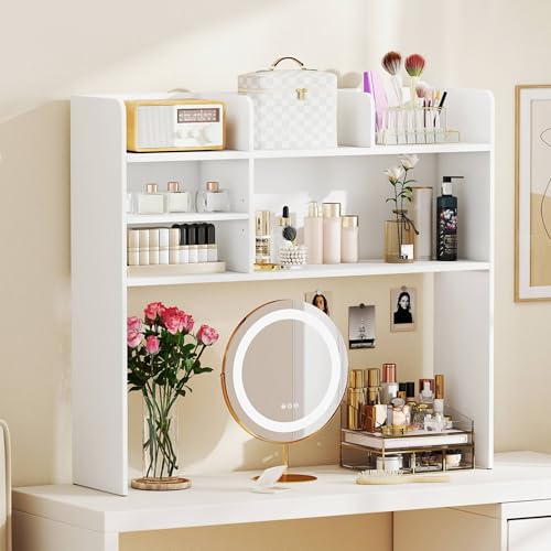 Tangkula Desktop Bookshelf for Computer Up to 32”, 37” Countertop Storage Hutch with 6 Storage Shelves, 3-Tier Desktop Organizer Display Rack, Wooden Desk Hutch for Dorm Home Office (White) - color: White, size: 6 Shelves