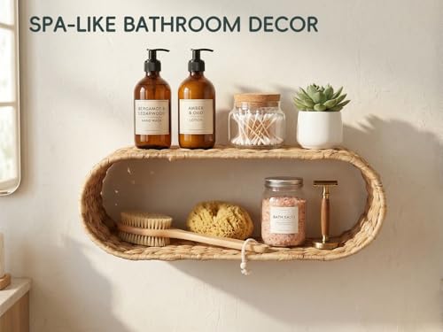 Coeusy Boho Rattan Wall Shelf for Bathroom, Wicker Wall Shelf for Toilet Paper Storage Holder, Handwoven Water Hyacinth Natural Decor for Over The Toilet, 2-Tier