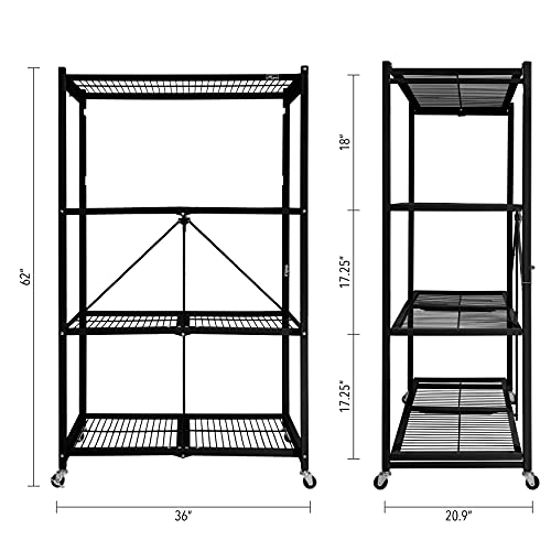 Origami R5 4-Shelf Heavy-Duty Folding Storage Rack, Black – Large Foldable Metal Shelving Unit with Wheels for Garage, Pantry, Basement, Laundry Room or Warehouse - color: Black, size: 1-Pack