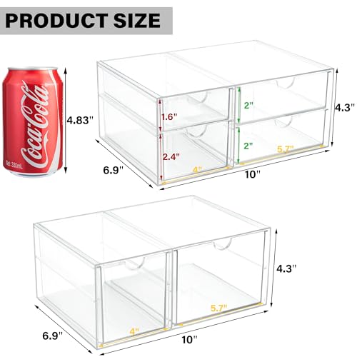 Prsildan Acrylic Drawer Makeup Organizer with 6 Drawers (Not for Baby Bottle), Set of 2 Office Desk Organizers Accessories, Clear Stackable Storage Drawers for Vanity, Craft (Largest Drawer 4" Tall) - style: 6 Drawers