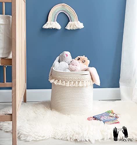 Mkono Macrame Decorative Cotton Rope Basket Boho Nursery Decor Small Cute Woven Tassel Closet Storage Bins Organizer for Baby Toys,Magazines, Potted Plants Cover,Living Room,Bedroom, 11"x11" - size: 11"x11"