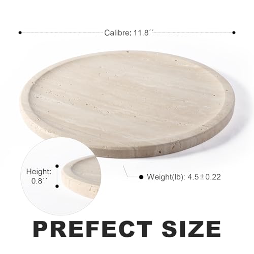 Travertine Tray, 11.8"x0.8" Round Serving Tray for Kitchen and Coffee Table, Bathroom Trays for Counter, Decorative Vanity Trays, Catchall Fruit and Snack, Light Beige Ottoman Tray - color: Light Beige