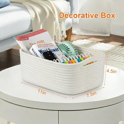 Small Storage Baskets for Organizing, Woven Storage Bins for Shelves, Gift Basket Empty, Cute Decorative Closet Organizer, Baby Rope Basket, Dog Toy Storage, 11x7.5x4.5”, 3Packs White - color: White, size: S