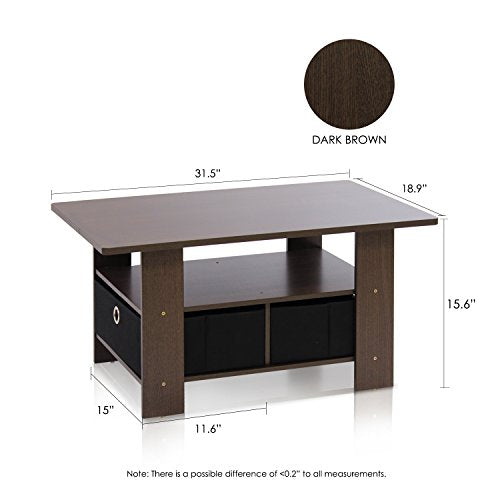 Furinno ANDREY Coffee Table, Small Modern Coffee Table with Storage and Bin Drawer, Side Table for Living Room, Bedroom, Home Office, Dark Brown - color: Dark Brown/Black, style: 2 Bin