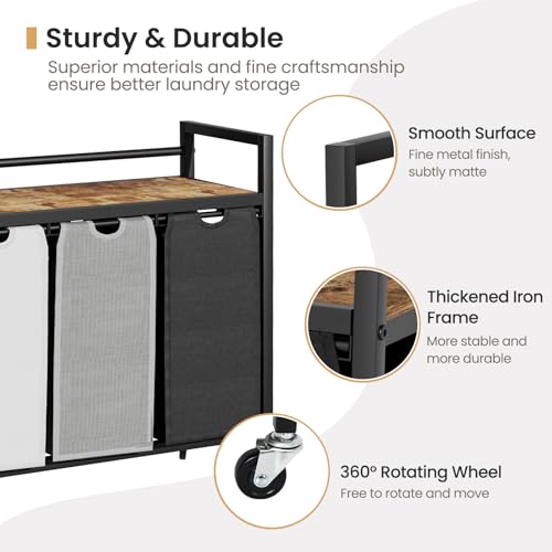 SwaaVee Laundry Hamper, Laundry Basket, Laundry Sorter with 3 Removable Bags, Clothes Basket with 3 Compartments, Wheels, Shelf for Laundry Room Bathroom Bedroom (3 Bags-Black Grey White) - color: 3 Bags-Black Grey White