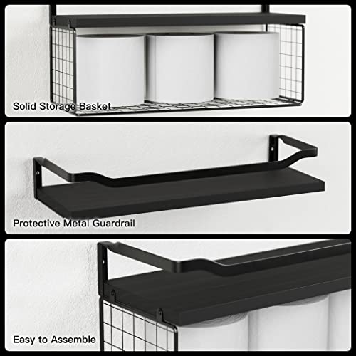 WOPITUES Floating Shelves with Wire Storage Basket, Bathroom Shelves Over Toilet with Protective Metal Guardrail, Wood Wall Shelves for Bathroom, Bedroom, Living Room, Toilet Paper-Black - color: Black