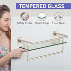 16-Inch Modern Glass Shelf with Towel Bar, 1-Shelf, Brushed Nickel Finish, Wall Mount, Bathroom Organizer - color: Brushed Nickel, size: 16-inch with Railing