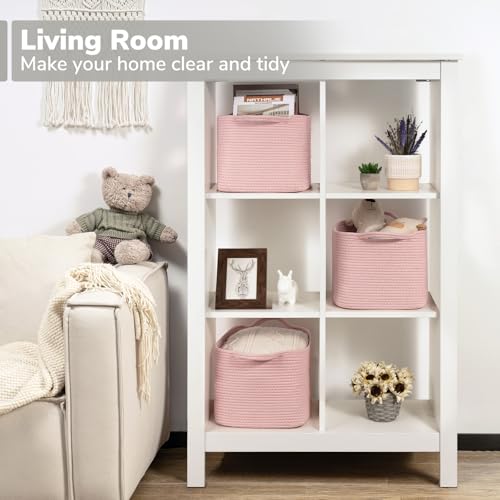 Goodpick Pink Storage Baskets for Organizing, Woven Rope Baskets for Shelves, Baby Basket for Nursery, Toy Storage Bins, Decorative Empty Gift Basket, 13" x 10" x 9" - color: Pink, size: 13"L x 10"W x 9"H
