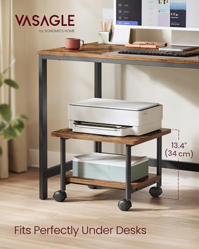 VASAGLE Printer Stand with Locking Wheels, Industrial Mobile Cart, Under Desk Printer Table for Home Office, 18.9 x 15.7 x 13.4 Inches, Storage Shelf, 2-Tier, Rustic Brown and Ink Black - color: Rustic Brown + Ink Black, size: 2 Tiers/Compact